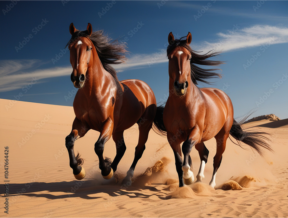 Obraz premium Horse herd run in desert sand storm against dramatic sky 