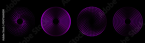 Sound pulsation circles set. Vector illustration of purple radio waves isolated on black background. 