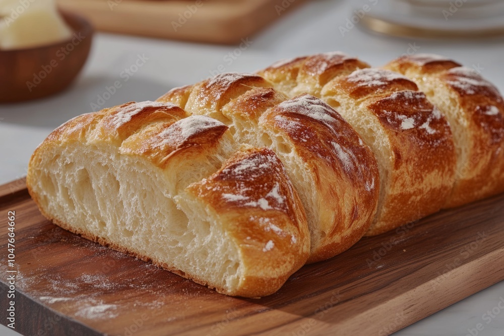 Artisan bread slices beautifully arranged on a wooden board in a cozy bakery setting Artisan bread slices beautifully arranged on a wooden board in a cozy bakery setting