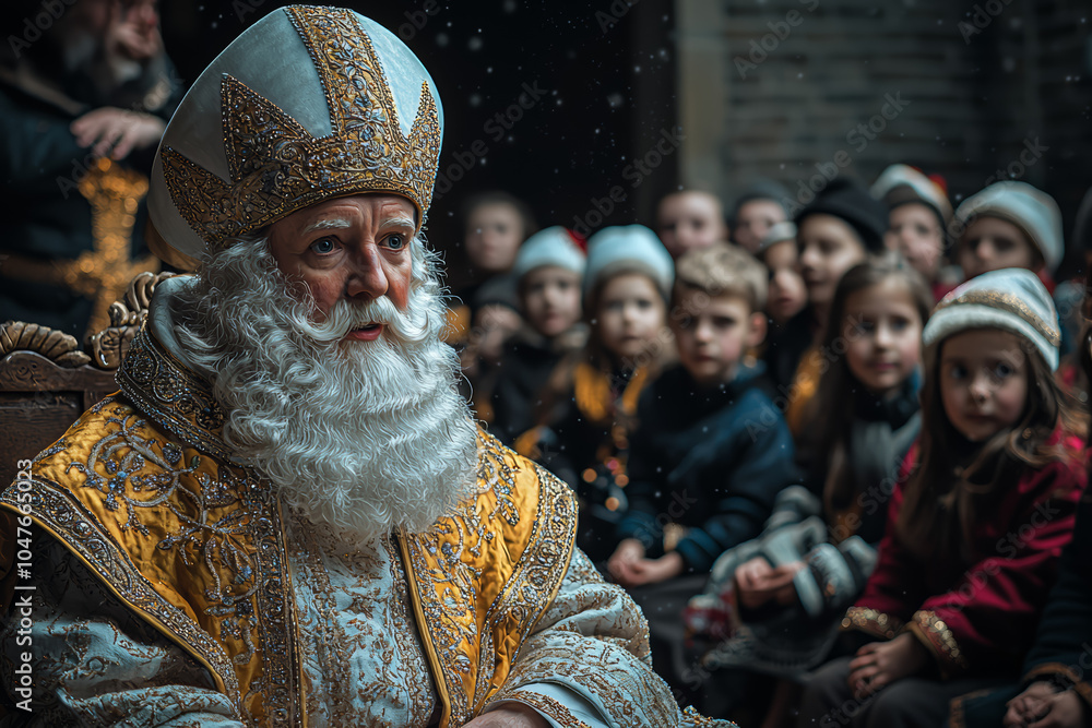 Fototapeta premium A community theater performing a play about the story of St. Nicholas, symbolizing the cultural storytelling of the holiday. Concept of holiday plays.