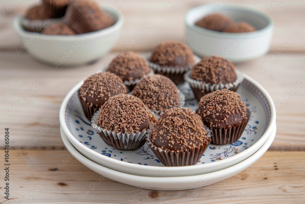 A serving of brigadeiros, Brazilian chocolate truffles sprinkled with chocolate sprinkles, arranged artfully on a decorative plate A serving of brigadeiros, Brazilian chocolate truffles sprinkled with chocolate sprinkles, arranged artfully on a decorative plate