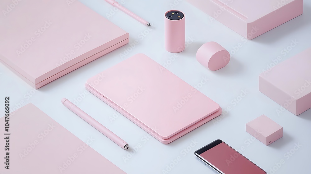 Arrangement of office items such as a phone a notepad and a pen on a white surface showcasing simplicity Arrangement of office items such as a phone a notepad and a pen on a white surface showcasing simplicity
