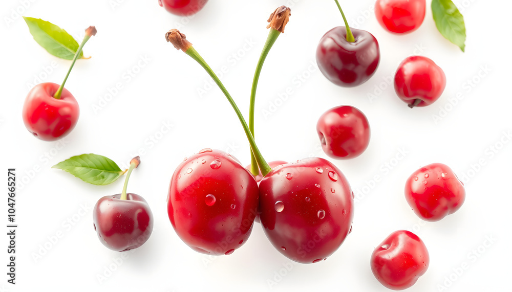 Raw fresh cherry with water drops, simple pattern isolated on white background isolated with white highlights, png Raw fresh cherry with water drops, simple pattern isolated on white background isolated with white highlights, png