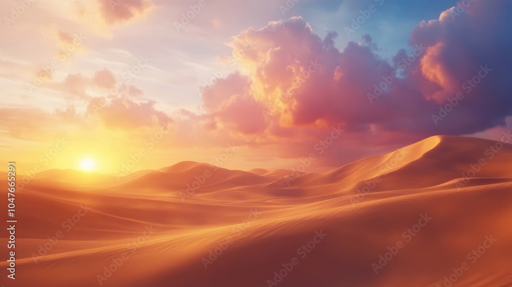 A stunning desert landscape at sunset, with golden sand dunes and a colorful sky filled with dramatic clouds, A stunning desert landscape at sunset, with golden sand dunes and a colorful sky filled with dramatic clouds,