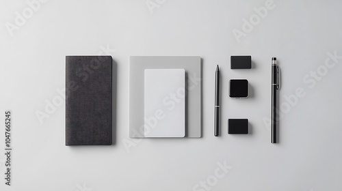 Arrangement of office items such as a phone a notepad and a pen on a white surface showcasing simplicity