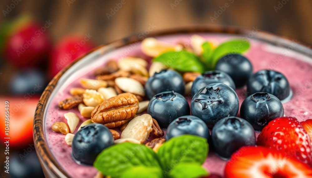 Delicious berry smoothie bowl with nuts and mint Delicious berry smoothie bowl with nuts and mint