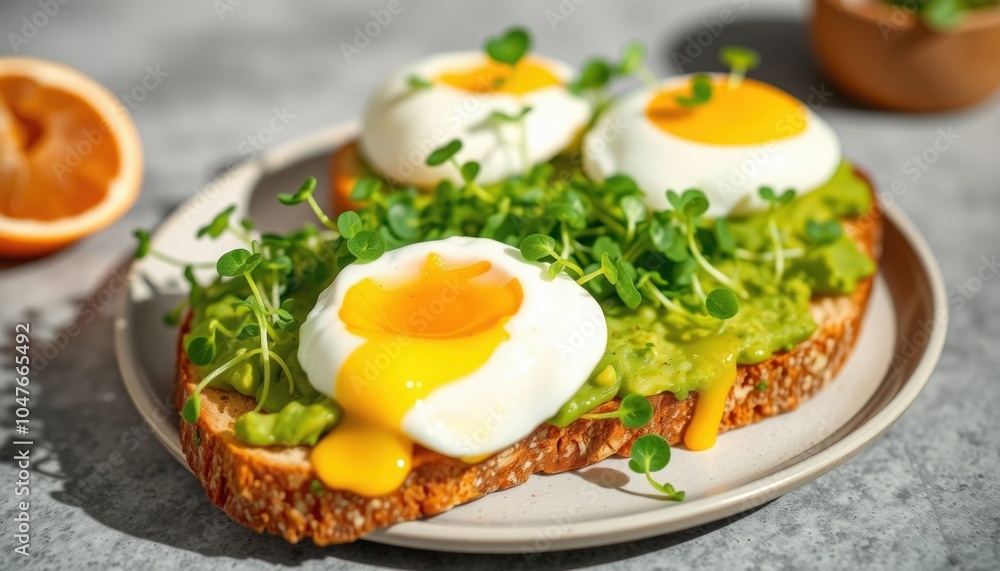 Delicious avocado toast with poached eggs