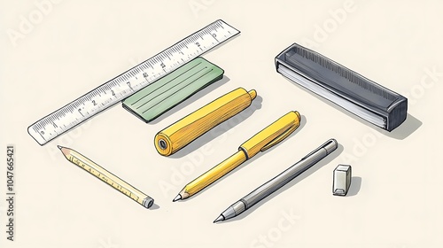 Essential desk items like a stapler a ruler and a pen neatly placed on a light neutral background