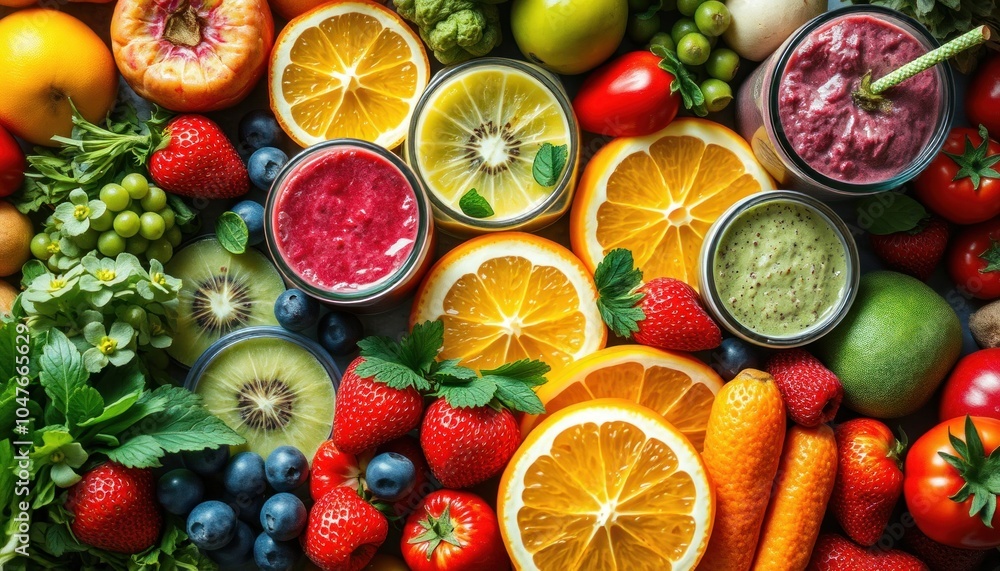 Vibrant array of fresh fruits and smoothies Vibrant array of fresh fruits and smoothies