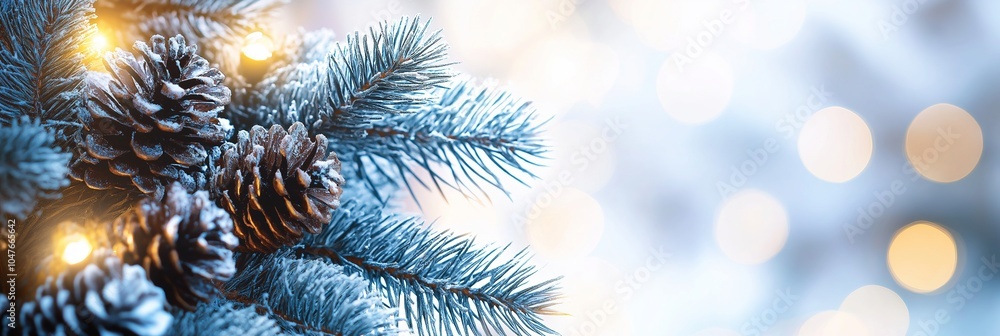 Frost-covered pine cones surrounded by warm lights evoke a cozy winter theme. Frost-covered pine cones surrounded by warm lights evoke a cozy winter theme.