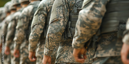 A line of soldiers in camouflaged uniforms marching forward, demonstrating unity and teamwork in a military setting. photo