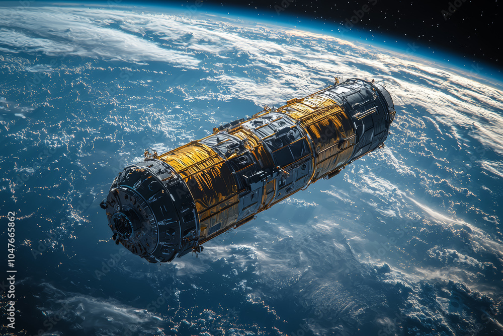 Fototapeta premium A cargo ship delivering supplies to the International Space Station, representing the logistics of supporting life in space. Concept of space logistics.