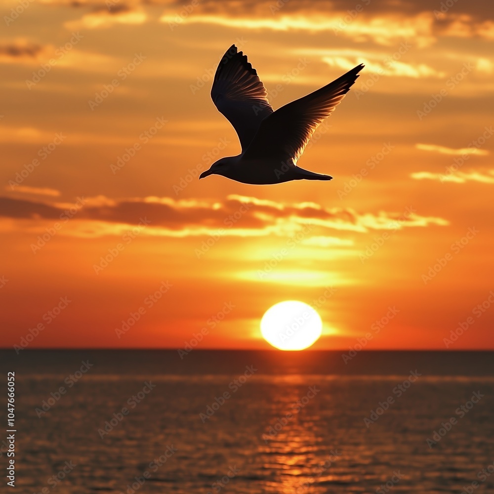 Fototapeta premium A lone seagull flying gracefully in front of a brilliant ocean sunset, symbolizing freedom and limitless possibilities.