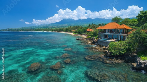 A luxurious villa with a private pool sits on a cliff overlooking a beautiful turquoise ocean and a sandy beach with lush green mountains in the distance.