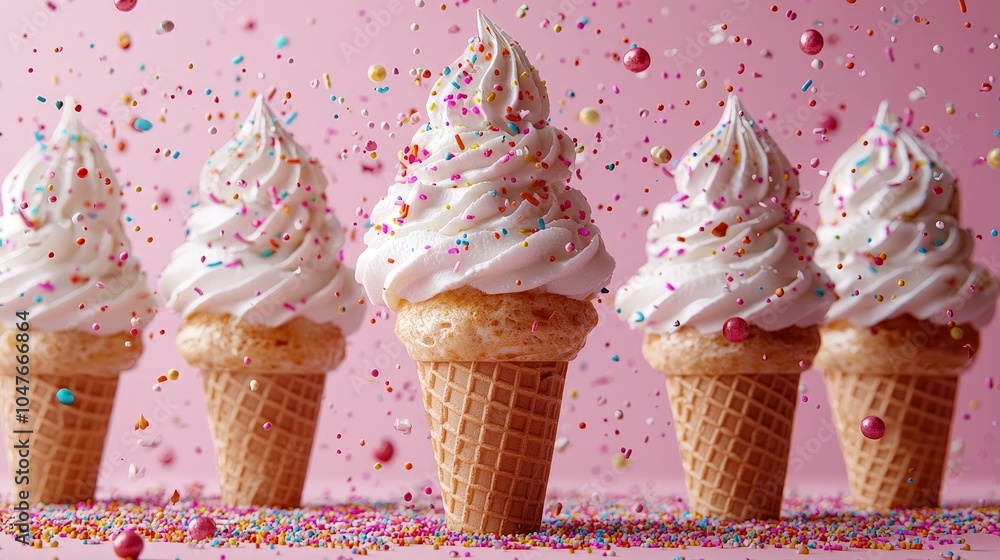 A colorful display of ice cream cones topped with whipped cream and sprinkles. A colorful display of ice cream cones topped with whipped cream and sprinkles.