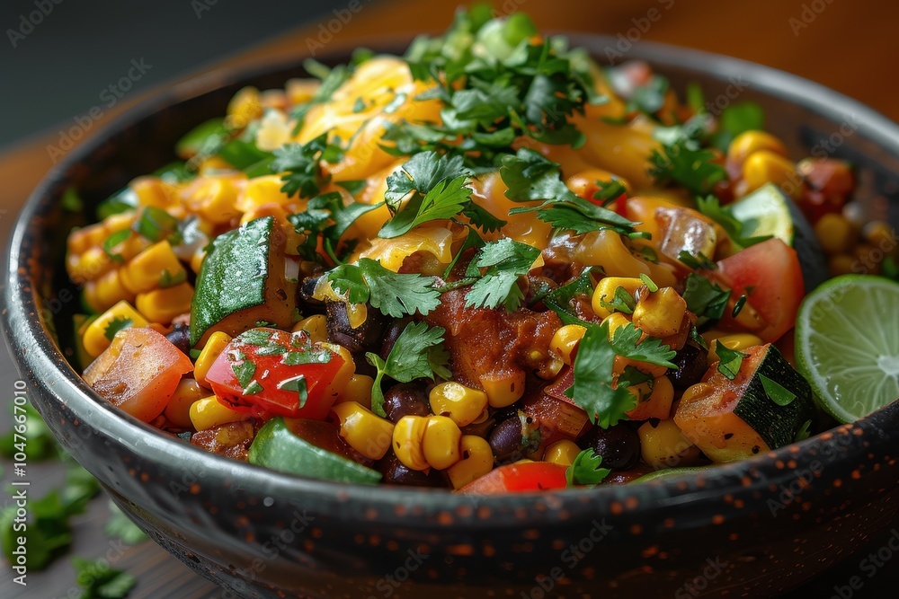 A serving of calabacitas, a vegetable medley with zucchini, corn, tomatoes, and cheese, garnished with fresh cilantro A serving of calabacitas, a vegetable medley with zucchini, corn, tomatoes, and cheese, garnished with fresh cilantro