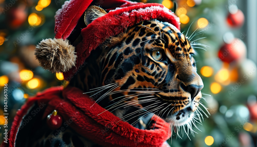 Realistic Christmas Black Panther, Leopard wearing a Santas Hat, magical winter decoration, cute Xmas animal, snow, Christmas ornaments, festive holiday, animal, cozy snow-covered, holiday animal Realistic Christmas Black Panther, Leopard wearing a Santas Hat, magical winter decoration, cute Xmas animal, snow, Christmas ornaments, festive holiday, animal, cozy snow-covered, holiday animal