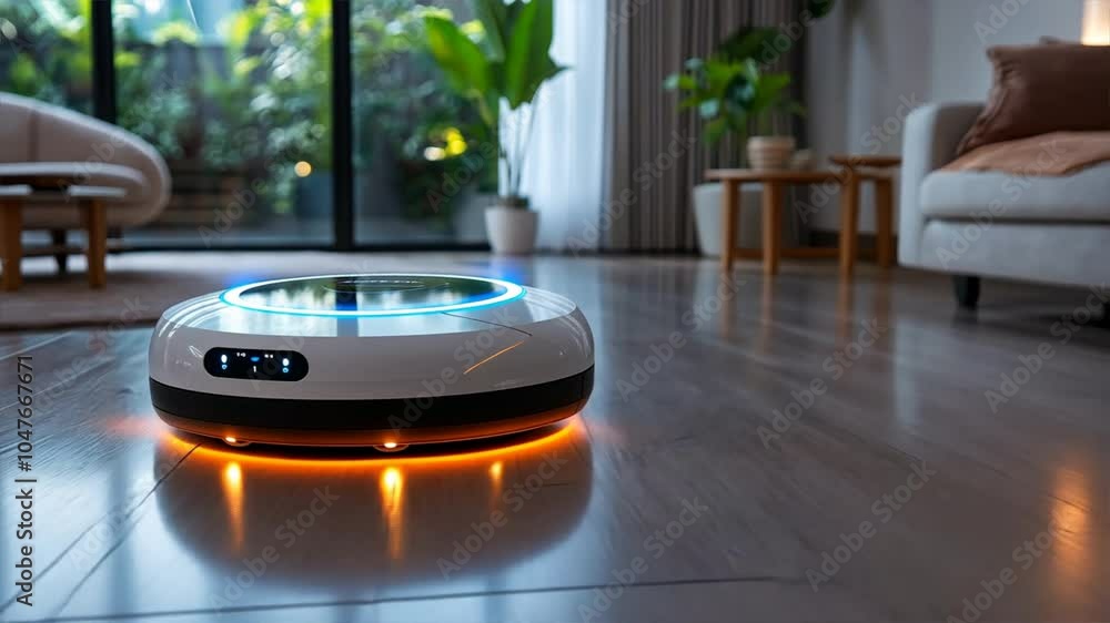Smart Home Cleaning: A sleek and modern robotic vacuum cleaner seamlessly navigates a pristine living room, promising a hands-free and efficient cleaning experience. Smart Home Cleaning: A sleek and modern robotic vacuum cleaner seamlessly navigates a pristine living room, promising a hands-free and efficient cleaning experience.