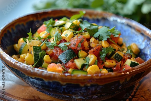 A serving of calabacitas, a vegetable medley with zucchini, corn, tomatoes, and cheese, garnished with fresh cilantro photo