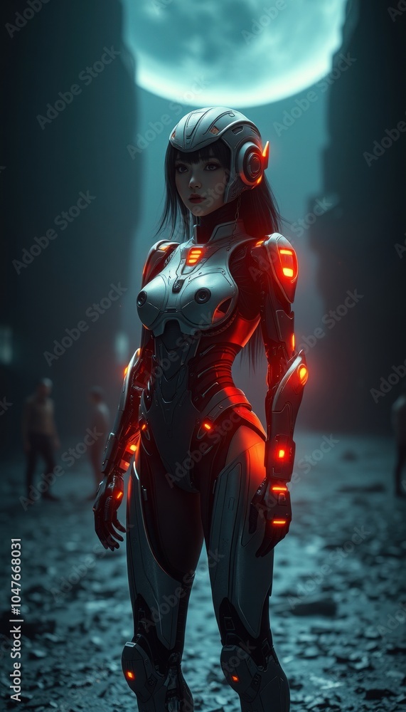 Fototapeta premium Futuristic cybernetic warrior under moonlight