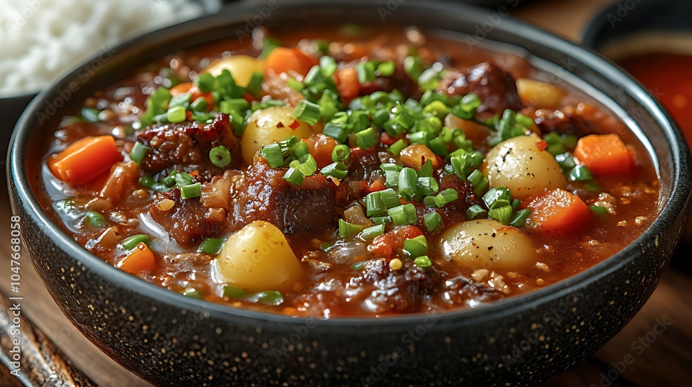 A bowl of beef stew with potatoes, carrots, and green onions. A bowl of beef stew with potatoes, carrots, and green onions.