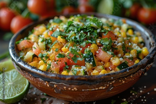 A serving of calabacitas, a vegetable medley with zucchini, corn, tomatoes, and cheese, garnished with fresh cilantro photo