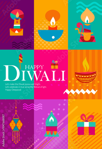 Happy Diwali luxury greeting cards set. India festival of lights holiday invitations templates collection with golden diya lamps. Vector illustration.
