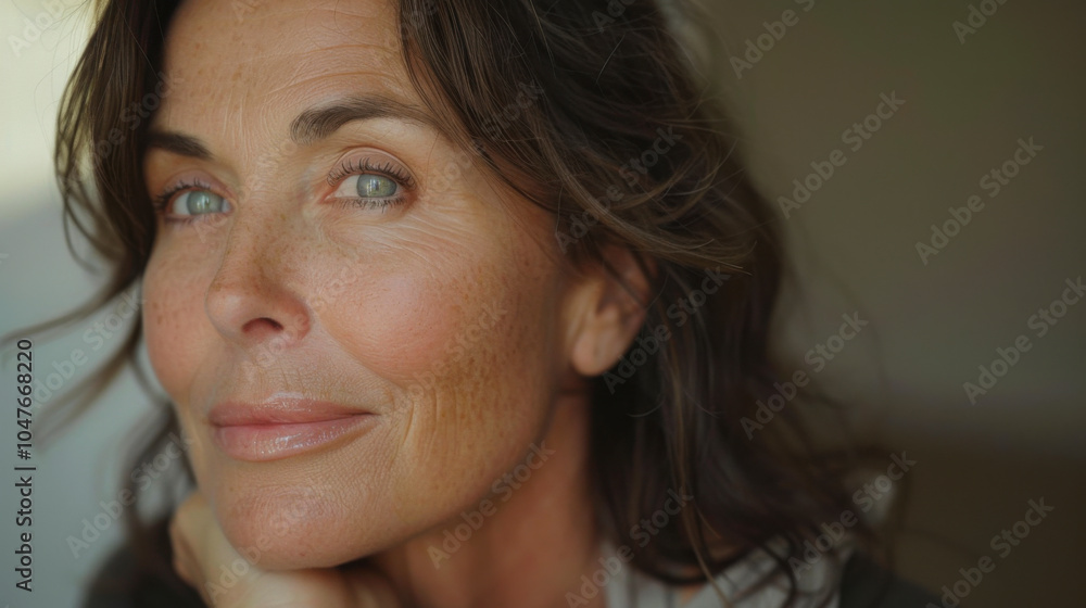 gros plan, bras et épaule d'une femme d'âge moyen, prise de vue esthétique, haute qualité, fond blanc, lumière du studio, moderne, texture de peau impeccable, éclatante, avec son menton sur l'épaule, 