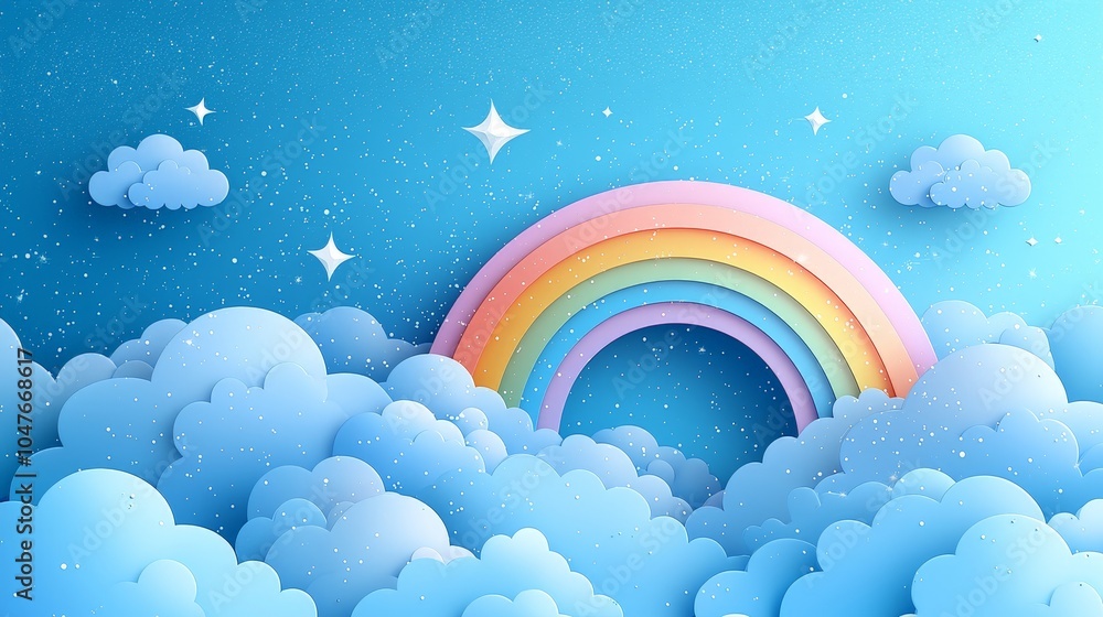 A colorful rainbow arches over fluffy clouds against a bright blue sky, creating a whimsical scene. A colorful rainbow arches over fluffy clouds against a bright blue sky, creating a whimsical scene.