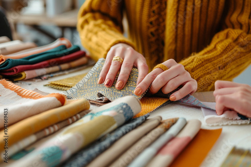 Woman Choosing Fabric for Interior Design