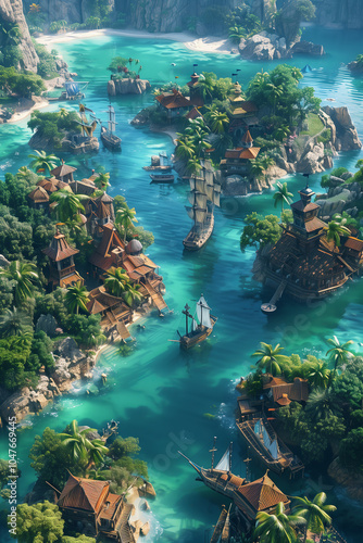 Tropical island with pirate style houses and sailboats, village on the island.