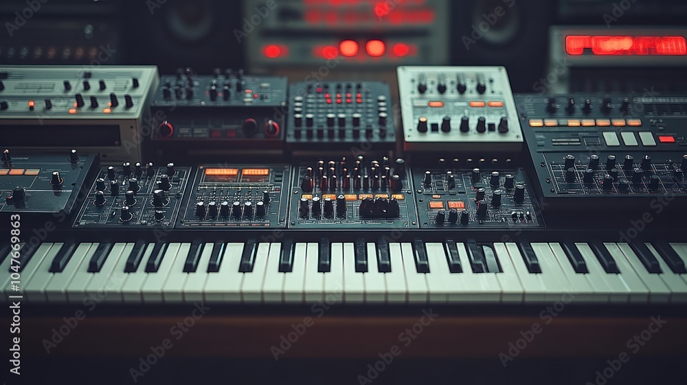 Close-up of a music studio keyboard with synthesizer modules and equipment. Close-up of a music studio keyboard with synthesizer modules and equipment.