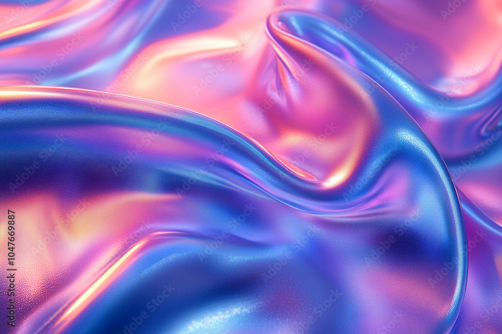 Fototapeta premium Vibrant iridescent fabric drapes in shades of pink and blue, capturing light in a dynamic flow, creating an artistic and captivating visual display
