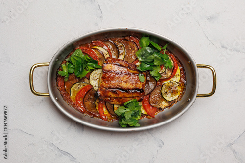 Ratatouille with fish steak on a large platter.