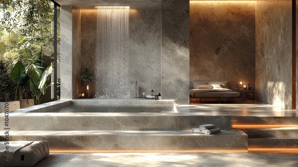Modern Bathroom with Indoor Waterfall, Plunge Pool, and Minimalist Bedroom Modern Bathroom with Indoor Waterfall, Plunge Pool, and Minimalist Bedroom