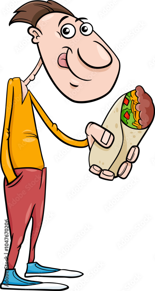 cartoon young hungry guy with burrito food object
