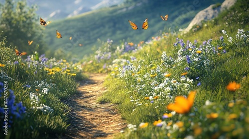 A well-marked hiking trail winding through a meadow, with wildflowers in full bloom and butterflies fluttering.