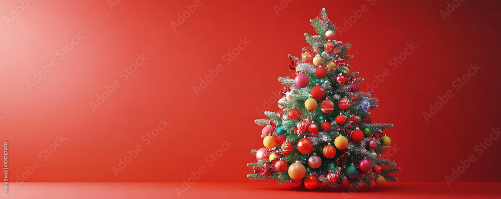 A decorated Christmas tree with red, yellow, and white ornaments stands in front of a red wall. The tree is a focal point of the image.
A decorated Christmas tree with red, yellow, and white ornaments stands in front of a red wall. The tree is a focal point of the image.