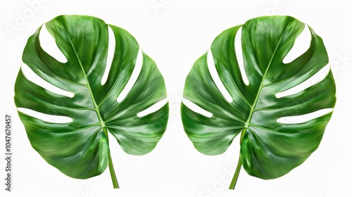 Pair of Symmetrical Monstera Leaves Isolated on White Background photo