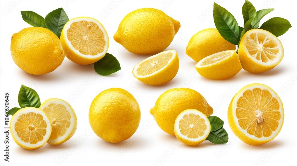 Group of lemons with slices and peels, isolated on a pure white background, capturing their citrusy appeal Group of lemons with slices and peels, isolated on a pure white background, capturing their citrusy appeal