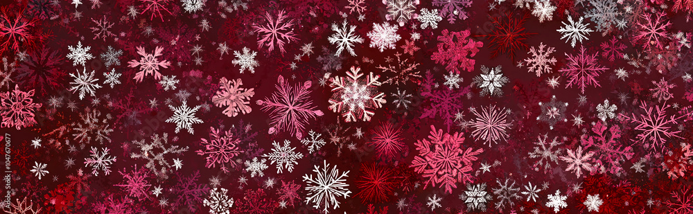 A red background with many white and pink snowflakes of varying sizes scattered across the entire surface.
A red background with many white and pink snowflakes of varying sizes scattered across the entire surface.