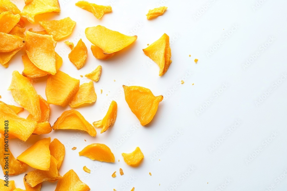 Chopped dried mango slices scattered artistically on a clean white background showcasing a healthy snack option for any time of day Chopped dried mango slices scattered artistically on a clean white background showcasing a healthy snack option for any time of day
