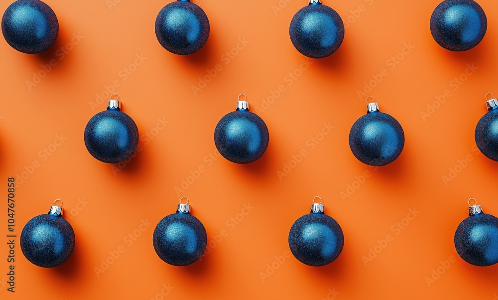 A row of blue Christmas ornaments on an orange background A row of blue Christmas ornaments on an orange background