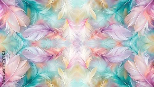 Symmetrical abstract pattern with pastel colored feathers