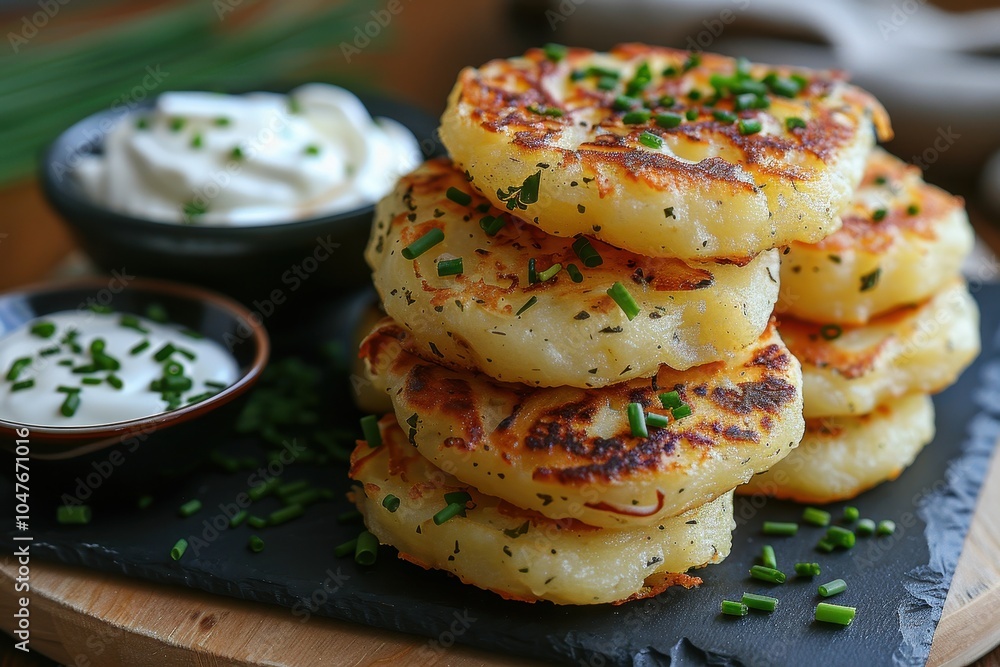 A serving of draniki, crispy potato pancakes, served with a side of sour cream and chives A serving of draniki, crispy potato pancakes, served with a side of sour cream and chives