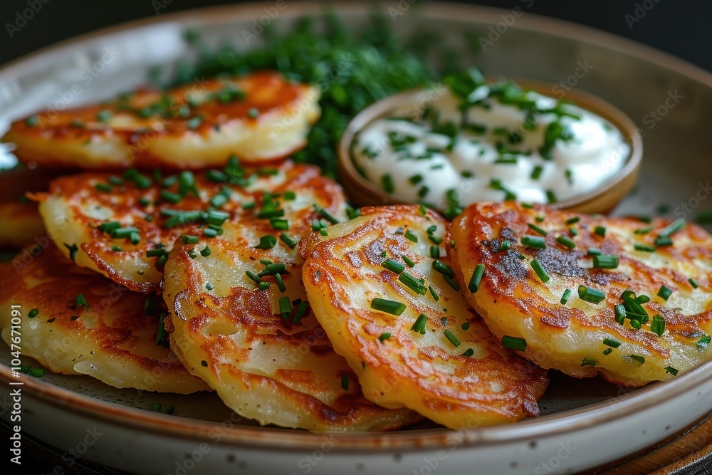 A serving of draniki, crispy potato pancakes, served with a side of sour cream and chives A serving of draniki, crispy potato pancakes, served with a side of sour cream and chives