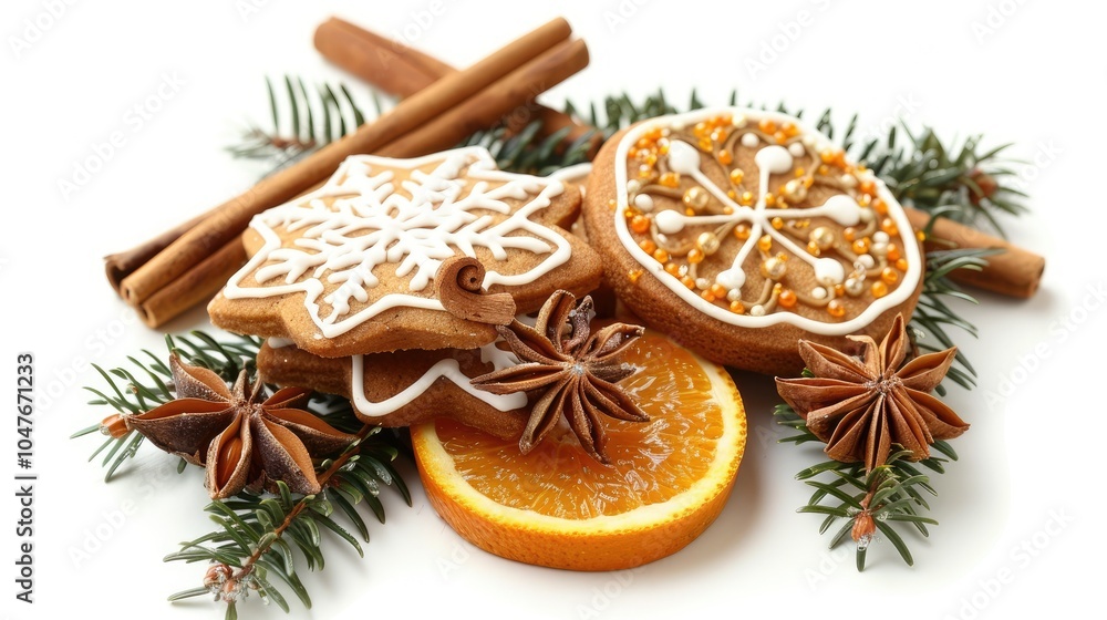 Christmas cookies, pine branches, and orange slices with cinnamon sticks Christmas cookies, pine branches, and orange slices with cinnamon sticks