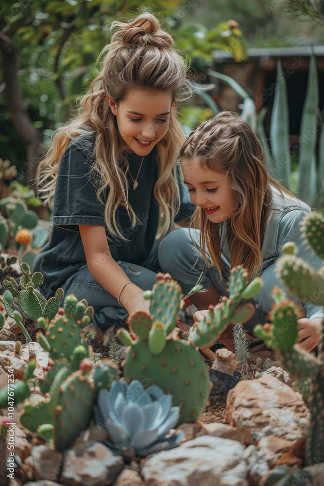 Obraz premium Caucasian mother and daughter are planting cacti in the front garden.