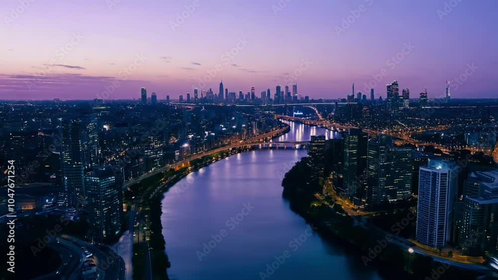 Aerial view of a sprawling city skyline with a river running through it at dusk. The scene is tranquil yet filled with urban energy as the city lights begin to glow. Aerial view of a sprawling city skyline with a river running through it at dusk. The scene is tranquil yet filled with urban energy as the city lights begin to glow.