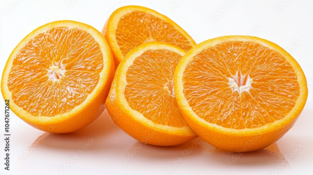 Orange slices and whole oranges, showcased on a white background, highlighting their vivid orange color Orange slices and whole oranges, showcased on a white background, highlighting their vivid orange color